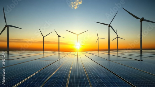 Obraz na płótnie solar panels with wind turbines and sunset. concept clean energy in nature w salonie