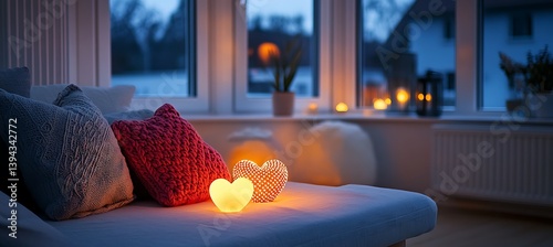Obraz na płótnie Illuminated heart decorations and cushions are on a sofa in a cozy room w salonie