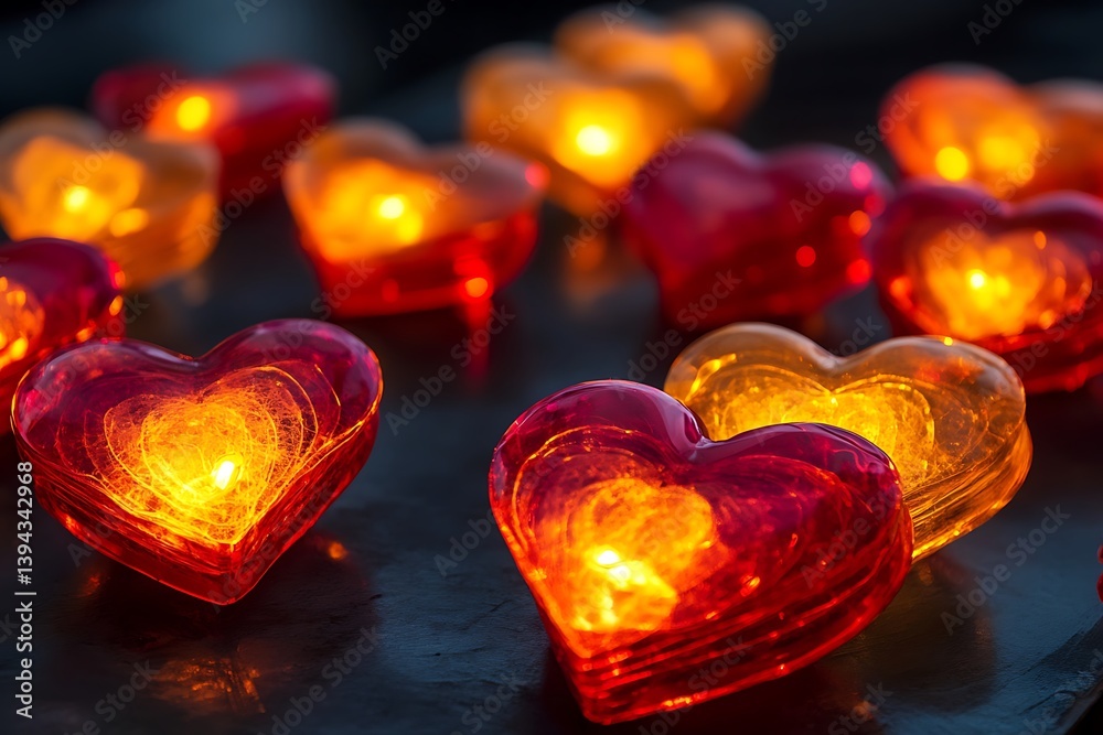 Illuminated glass hearts of various colors on a dark surface