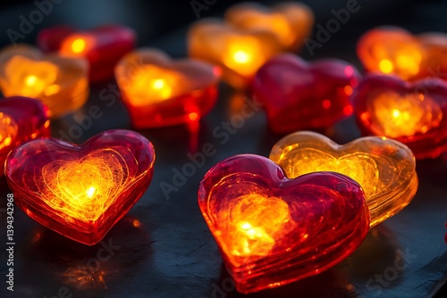 Obraz na płótnie Illuminated glass hearts of various colors on a dark surface w salonie