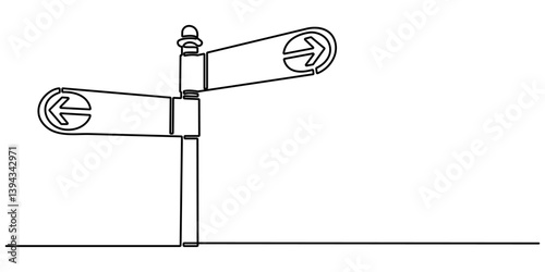 One Continuous line drawing of Road direction signpost arrows to the right and left and plate, Road Sign Single Line Icon, Road direction sign arrows isolated on white background.