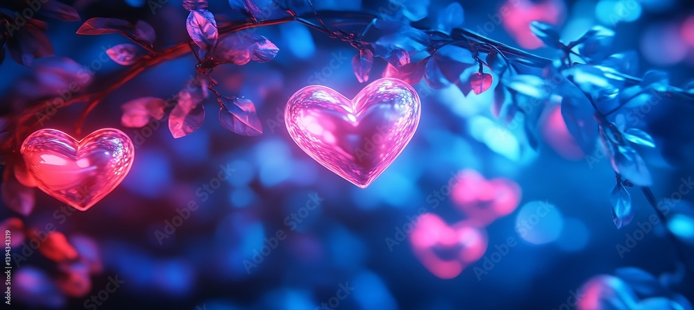 Glowing glass hearts hang from branches amidst a vibrant background