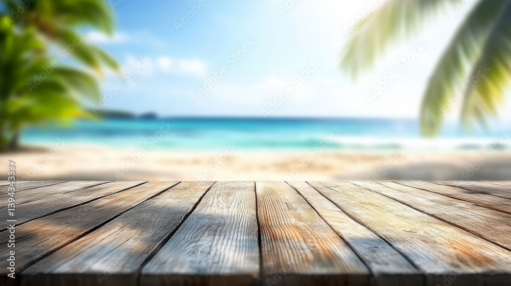 Wooden boards with blurred sea background and coconut palm leaves Wooden boards with blurred sea background and coconut palm leaves