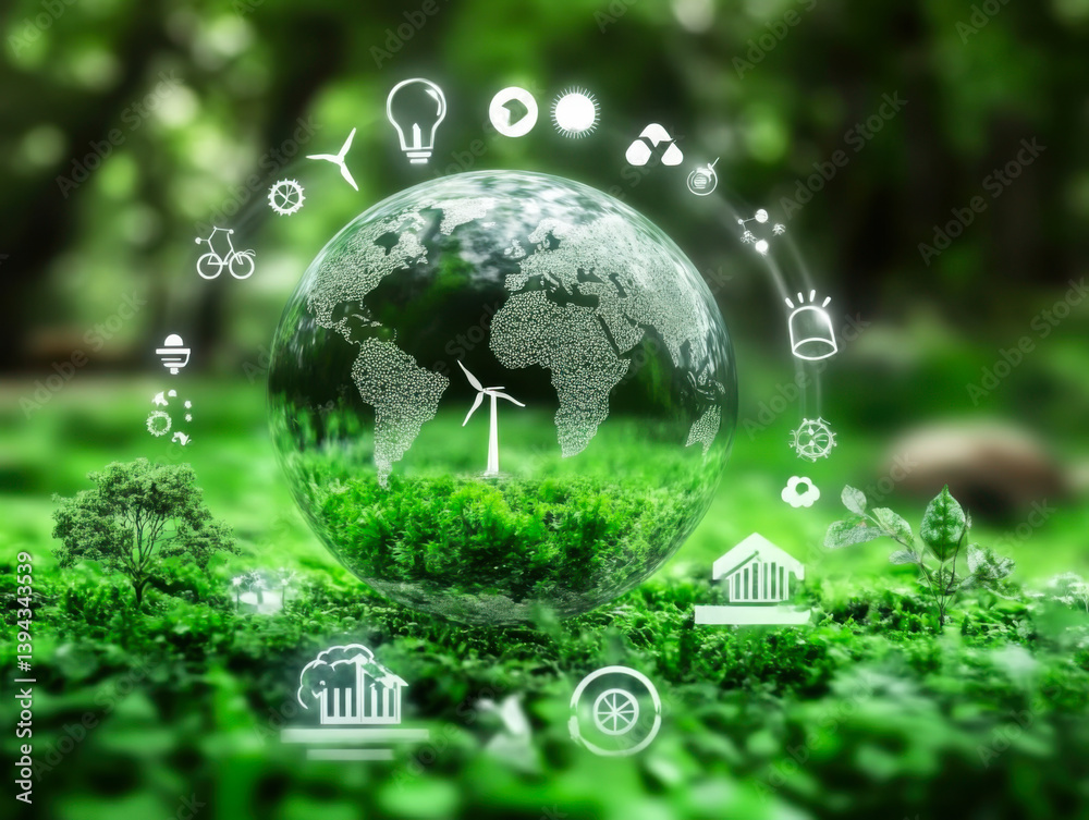 Crystal earth with renewable energy icon World Environment Day