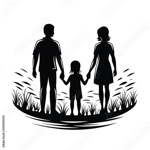 Happy Family Silhouette Holding Hands Walking Together in Nature, Father, Mother, Child