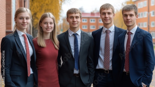 Obraz na płótnie Five young adults stand confidently outside a building, dressed in formal suits and dresses, with colorful autumn leaves in the background reflecting a vibrant atmosphere w salonie