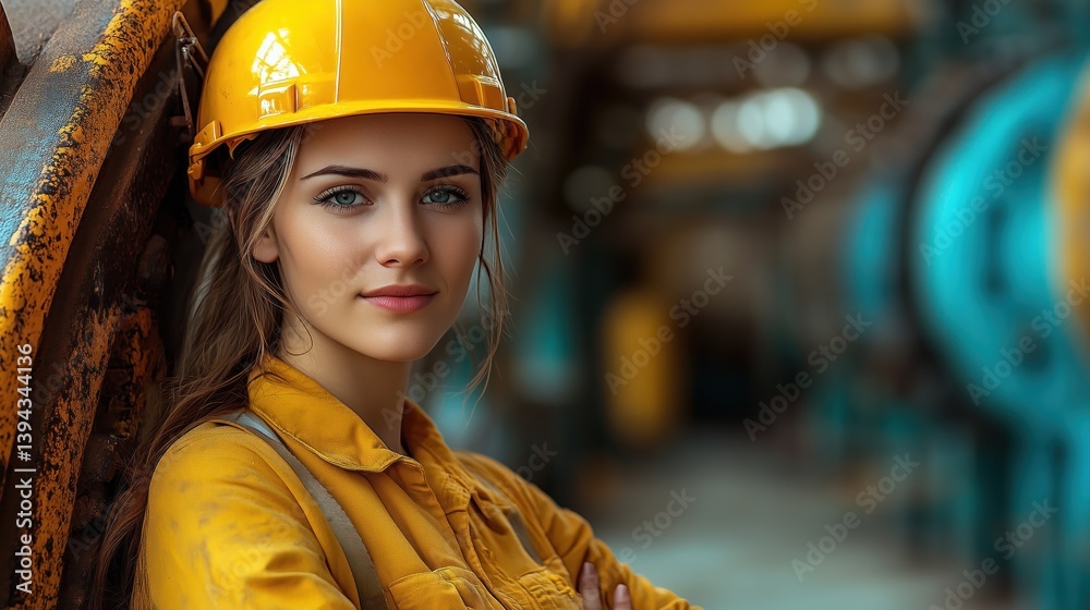 young woman wearing a yellow hard hat and a matching work uniform stands confidently in an industrial setting, showcasing her commitment to safety and professionalism during work hours