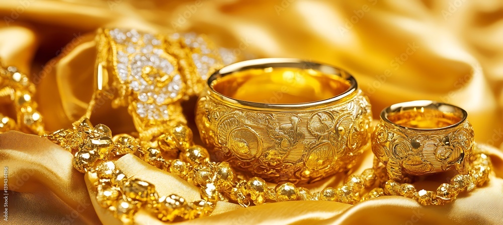 Golden Jewelry and Accessories Displayed on Silk Fabric Drape