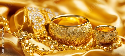 Golden Jewelry and Accessories Displayed on Silk Fabric Drape