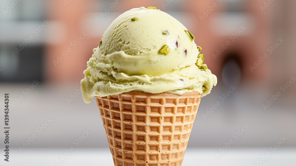 vibrant scoop of pistachio ice cream rests atop a crispy waffle cone, showcasing light green hues and sprinkled with pistachio bits, evoking a refreshing summer treat experience