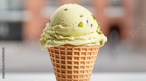 Obraz na płótnie vibrant scoop of pistachio ice cream rests atop a crispy waffle cone, showcasing light green hues and sprinkled with pistachio bits, evoking a refreshing summer treat experience w salonie