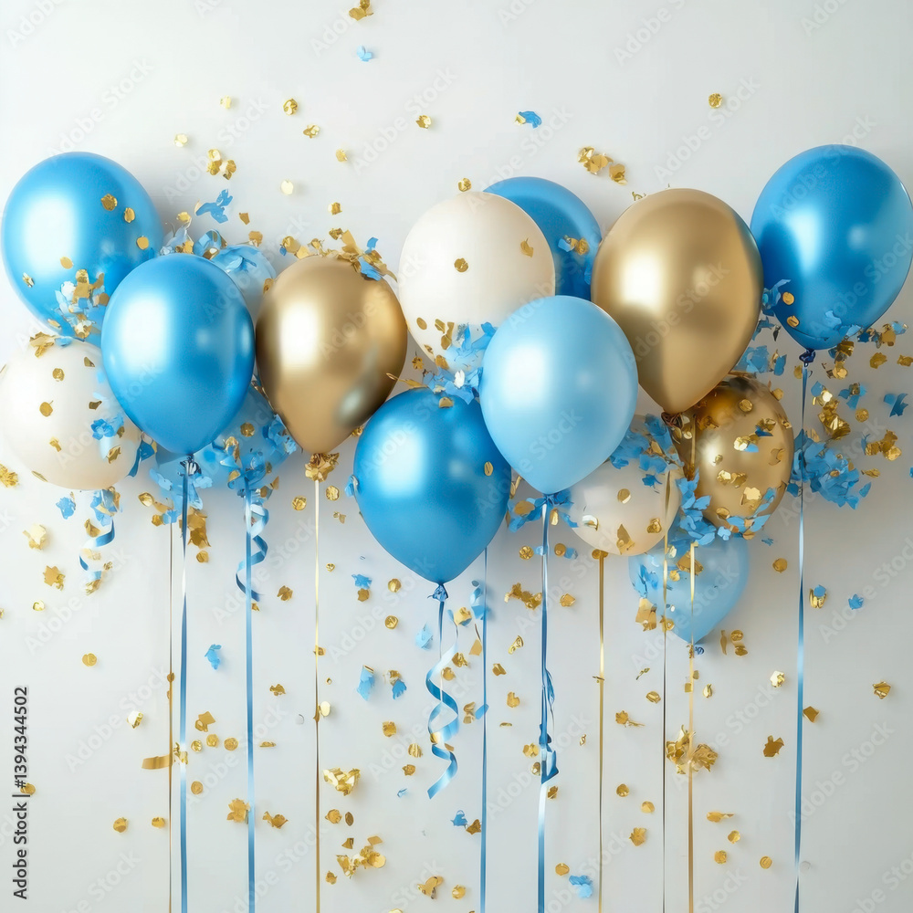 Holiday background with golden and blue metallic balloons confetti and ribbons