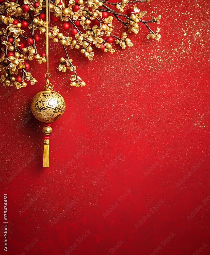 Ornamental branches and hanging decor against a vibrant crimson background
