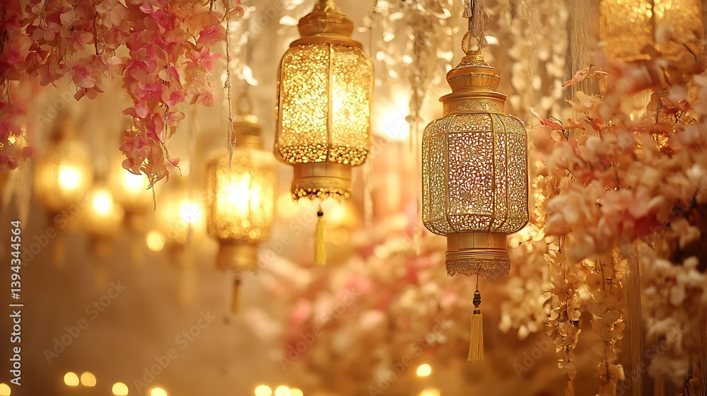 Ornate golden lanterns hanging with floral decorations creating a warm ambiance
