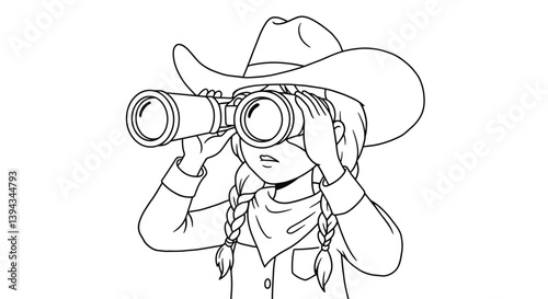 Explorer Cowgirl Coloring Page Line Art Holding Basic Binoculars Gazing Into Distance Western Adventure Graphic Fun