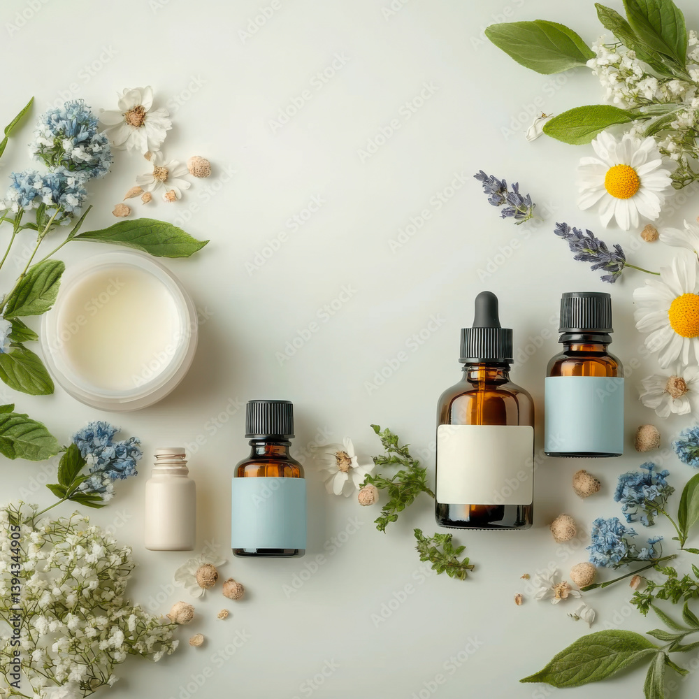 Different cosmetic products in bottles on white background