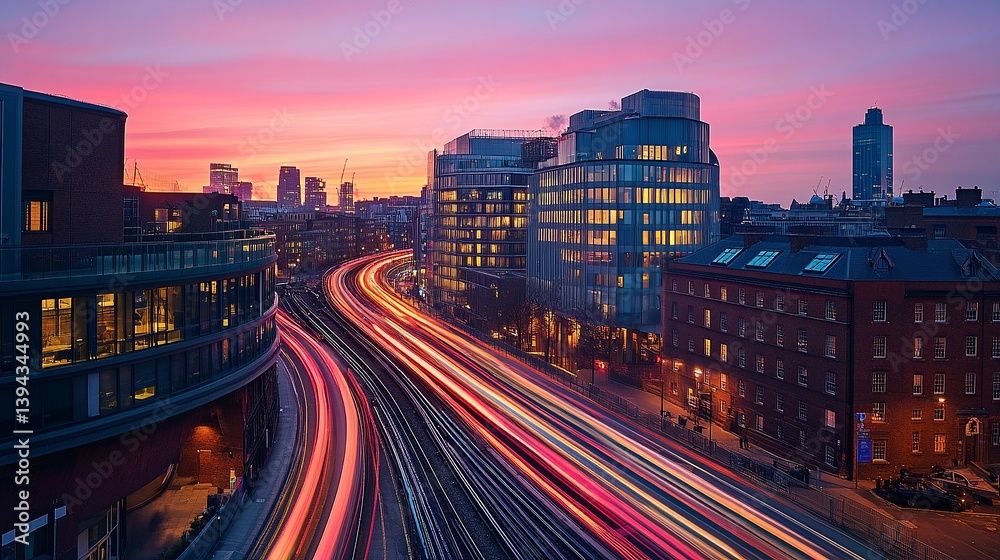 A stunning urban landscape at sunset. The city lights create a beautiful contrast with the soft pink sky. Tracks weave through the vibrant cityscape. Generative AI