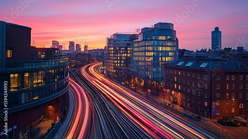 A stunning urban landscape at sunset. The city lights create a beautiful contrast with the soft pink sky. Tracks weave through the vibrant cityscape. Generative AI