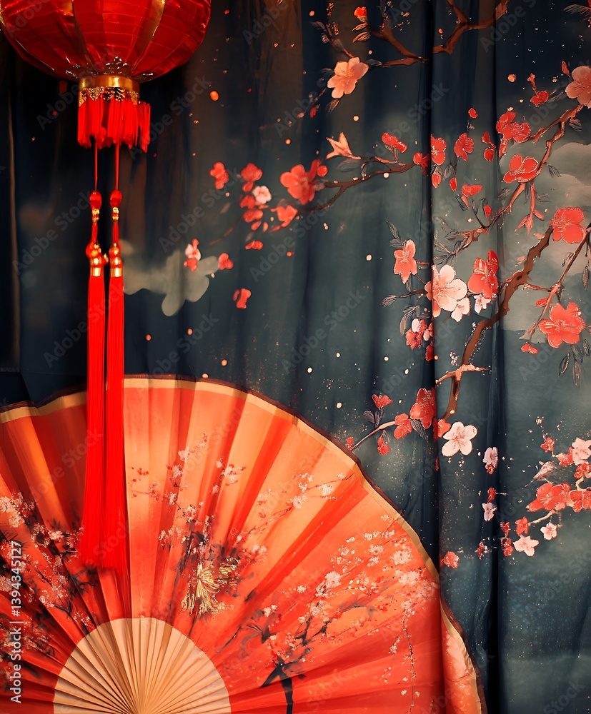 A decorative arrangement featuring a red lantern and a fan
