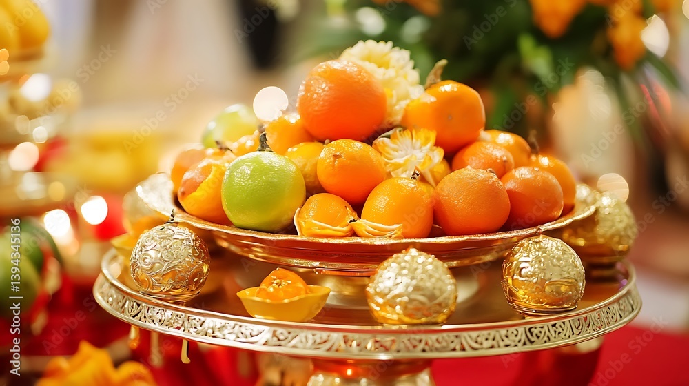 A decorative arrangement of citrus fruit on an ornate gold platter