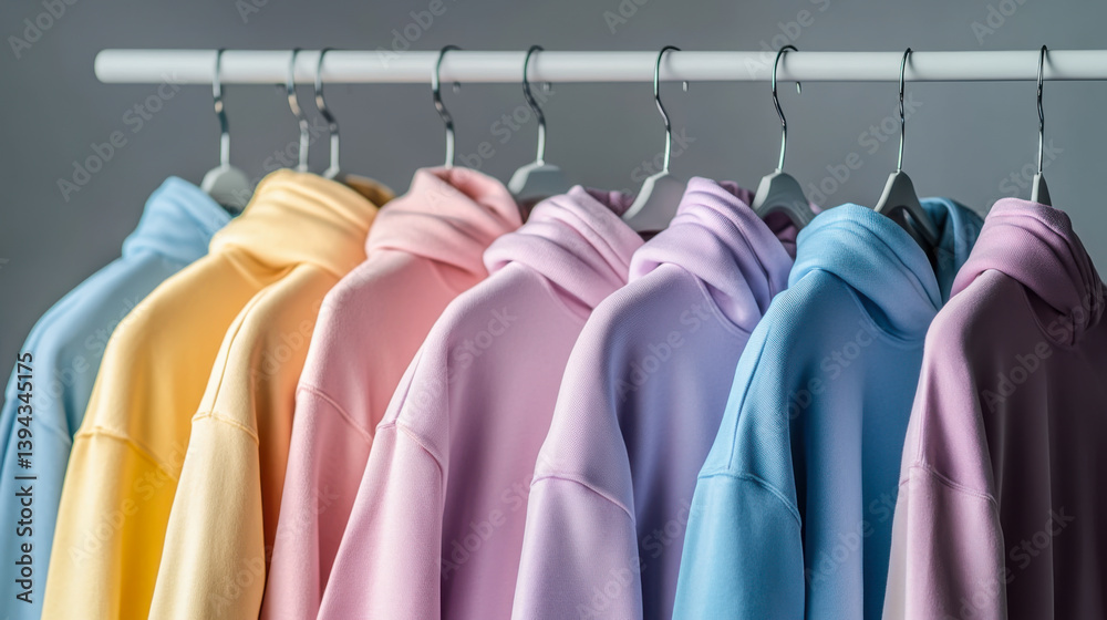Row of colorful row t-shirts with sweatshirt hanging on hangers on a white background