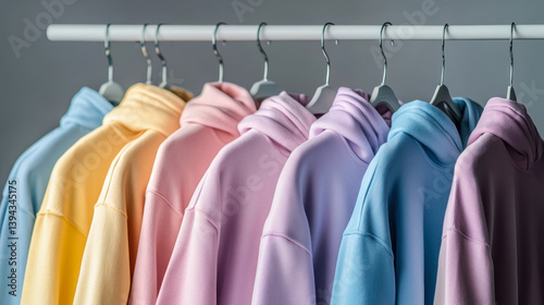 Obraz na płótnie Row of colorful row t-shirts with sweatshirt hanging on hangers on a white background w salonie