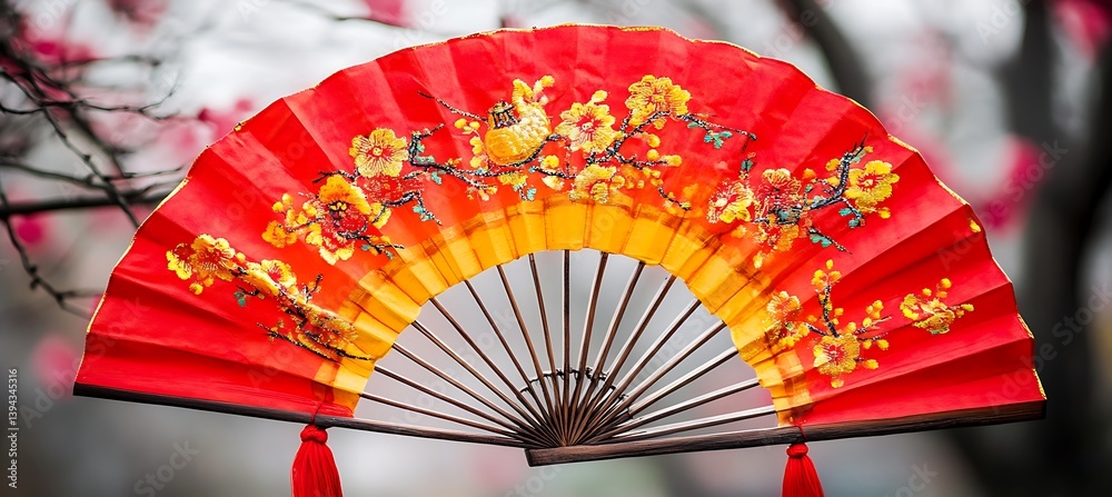 An Elaborate Red Fan Decorated with Flowers and Wooden Structure