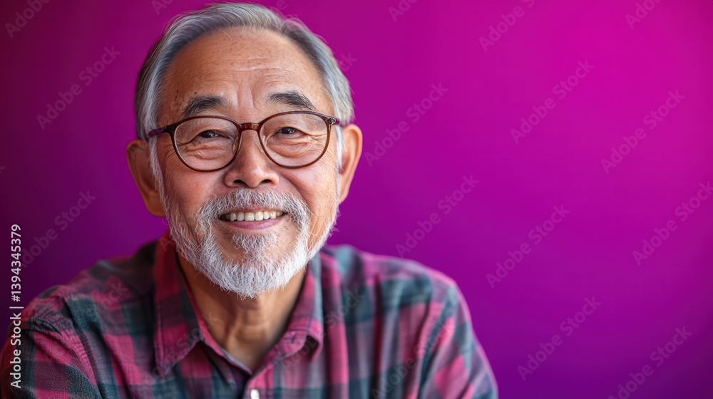 Obraz premium Smiling Elder: A portrait of a wise, elderly gentleman with glasses, his warm smile lighting up a vibrant background, capturing the wisdom and serenity of age.