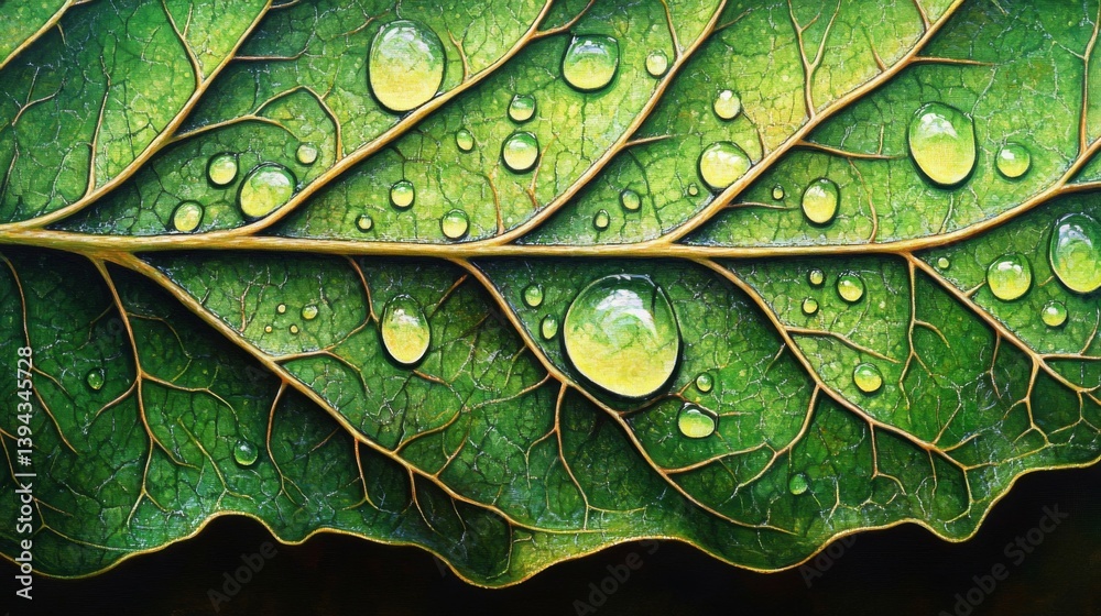 Fototapeta premium Closeup of Green Leaf with Water Droplets
