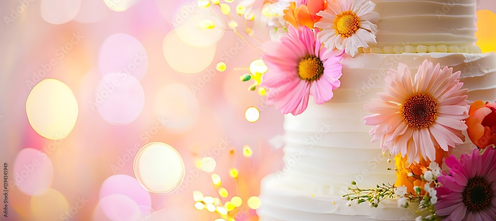 A beautifully decorated tiered cake featuring vibrant colorful floral accents