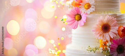 Obraz na płótnie A beautifully decorated tiered cake featuring vibrant colorful floral accents w salonie