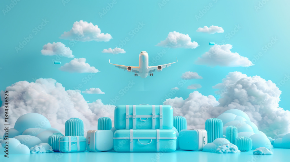 Luggage blue, air ticket float away from passport with airplane is taking off and cloud