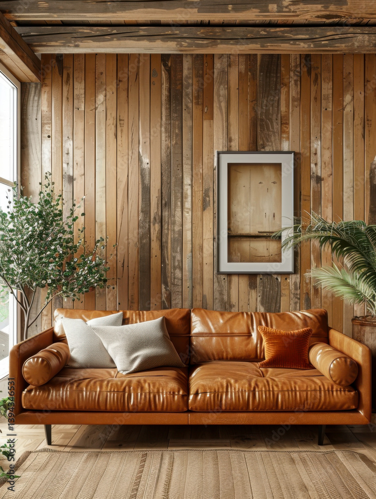 Interior living room wall mockup with leather sofa and decor on wooden wall background