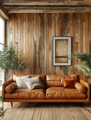 Obraz na płótnie Interior living room wall mockup with leather sofa and decor on wooden wall background w salonie
