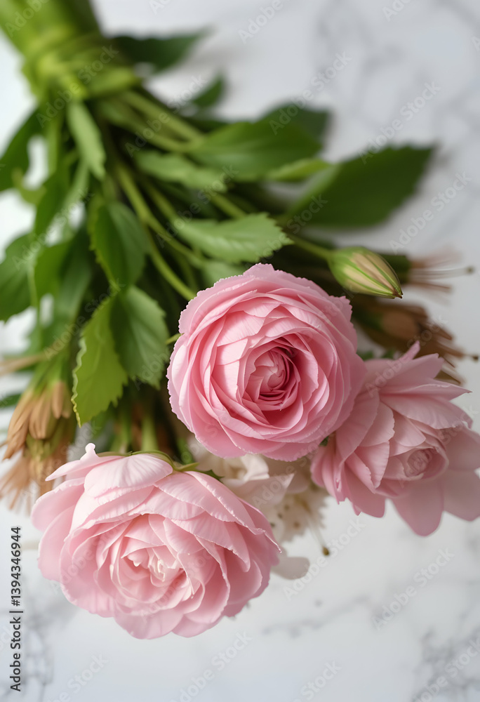 Delicate Pink Ranunculus Bouquet Marble Background Soft Light Delicate Pink Ranunculus Bouquet Marble Background Soft Light