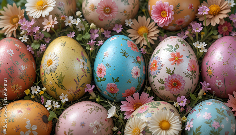 Fototapeta premium Floral Painted Easter Eggs Surrounded by Spring Daisies