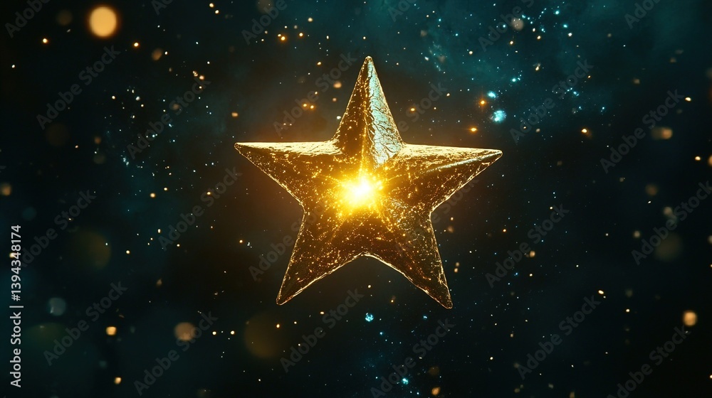 Golden star-shaped light with glowing particles in cosmic darkness, evoking celestial wonder and mystery Golden star-shaped light with glowing particles in cosmic darkness, evoking celestial wonder and mystery
