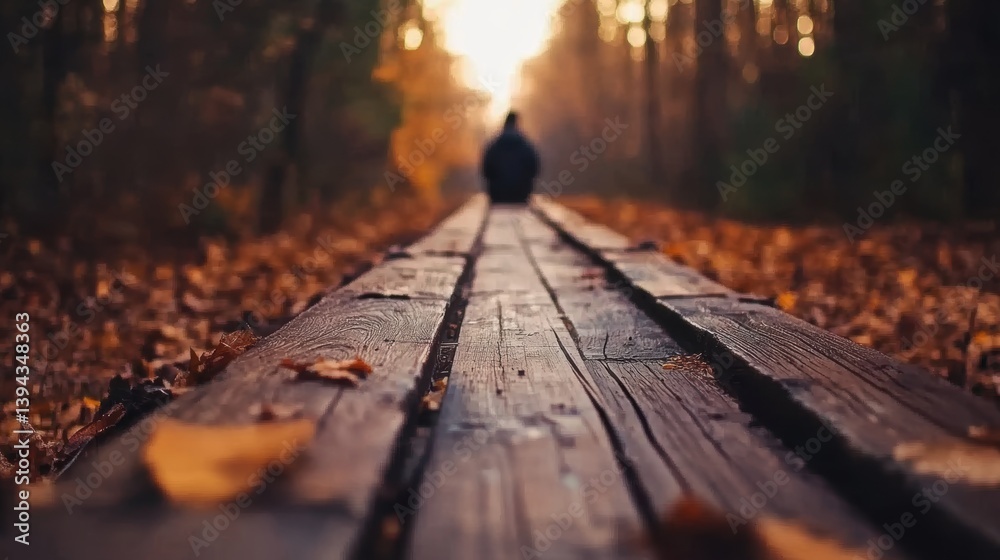 Fototapeta premium A serene wooden pathway stretches through a forest blanketed with autumn leaves, as a distant figure walks away, creating a tranquil atmosphere perfect for themes of solitude and nature,