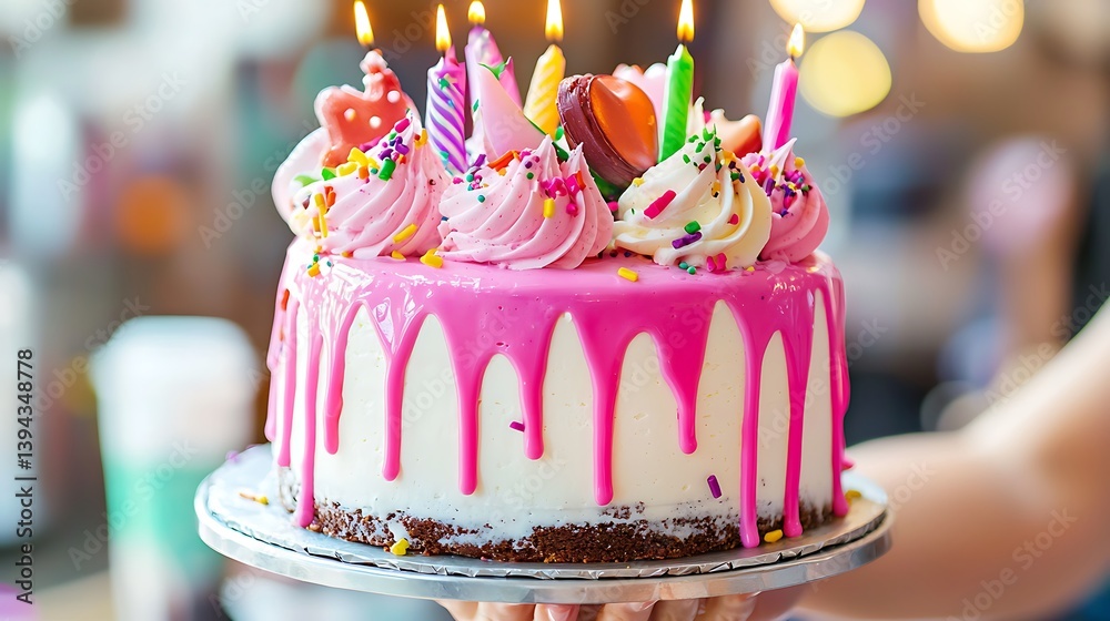 A beautifully decorated and lit birthday cake presented for a celebration