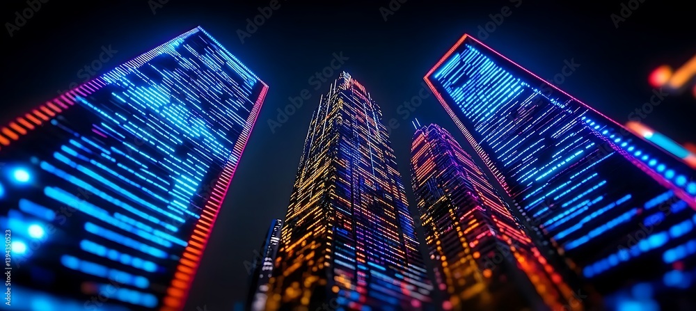 Illuminated skyscrapers reaching towards the darkness of the night sky