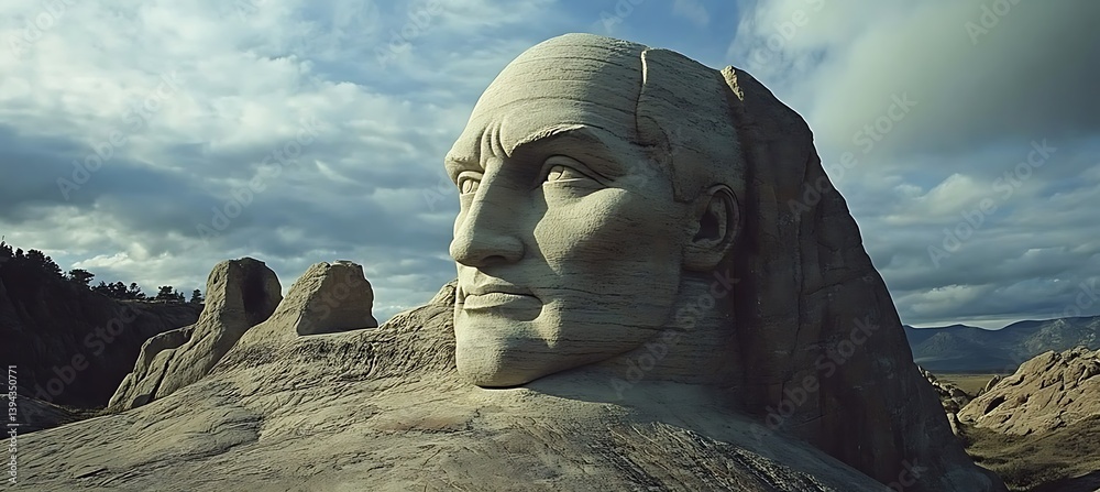 A stone carved face of a man rises from the terrain