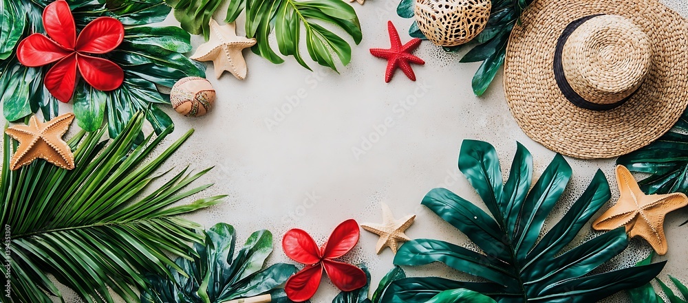 Tropical Beach Theme Composition Featuring Vibrant Flowers And Summer Accessories