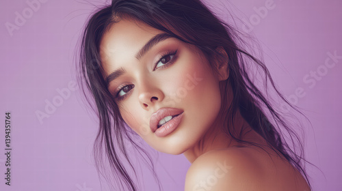 Beauty in Lilac: A captivating beauty, her striking eyes and perfect features enhanced by expert makeup. The background is a soft lilac hue, casting a flattering light on the model.