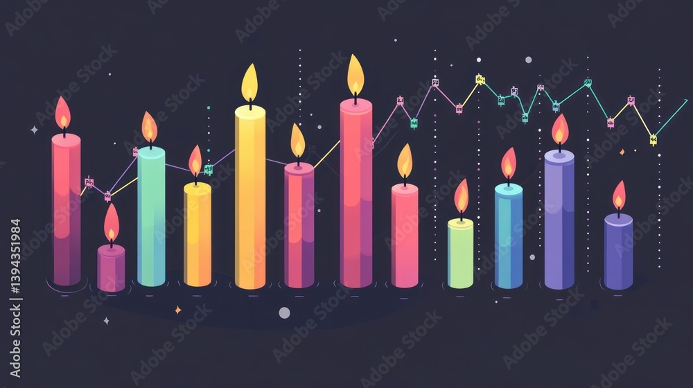 Colorful candles in various shades, data visualization background, holiday, celebration Colorful candles in various shades, data visualization background, holiday, celebration