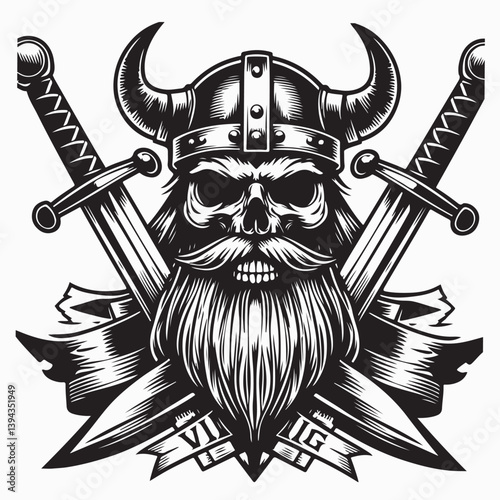 Skull Viking with Crossed battle sword. Vector illustration.