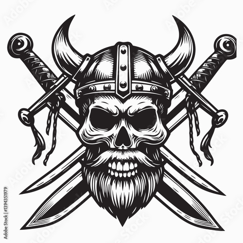 Skull Viking with Crossed battle sword. Vector illustration.