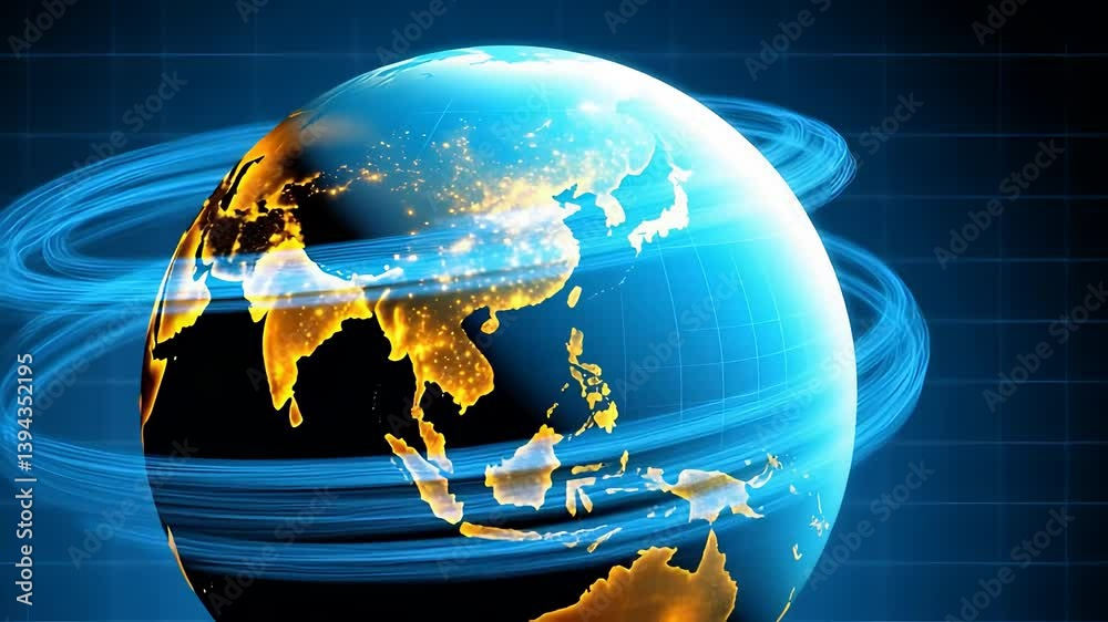 Digital Globe with Rotating Orbits and Network Connections Representing Global Technology

