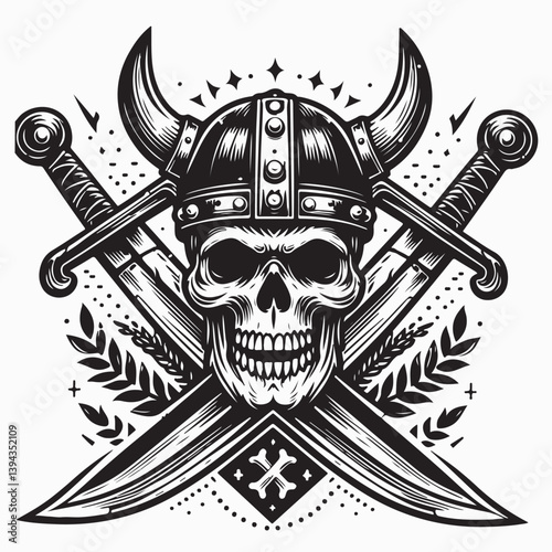 Skull Viking with Crossed battle sword. Vector illustration.