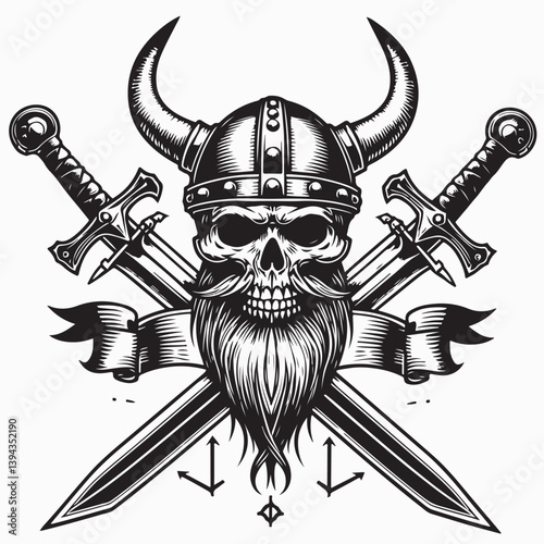 Skull Viking with Crossed battle sword. Vector illustration.