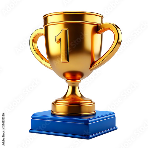 Golden Trophy Cup with Number 1, First Place Award and Blue Base


